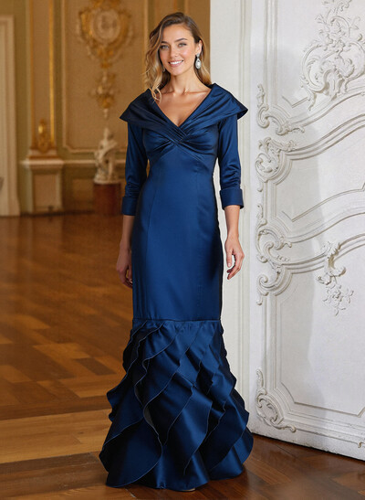 Trumpet/Mermaid One-Shoulder 3/4 Sleeves Floor-Length Satin Mother Of The Bride Dresses