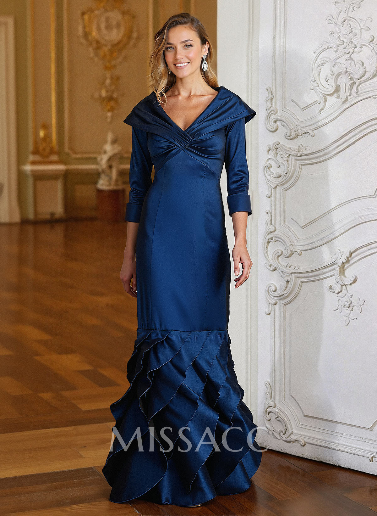 Trumpet/Mermaid One-Shoulder 3/4 Sleeves Floor-Length Satin Mother Of The Bride Dresses Trumpet/Mermaid One-Shoulder 3/4 Sleeves Floor-Length Satin Mother Of The Bride Dresses