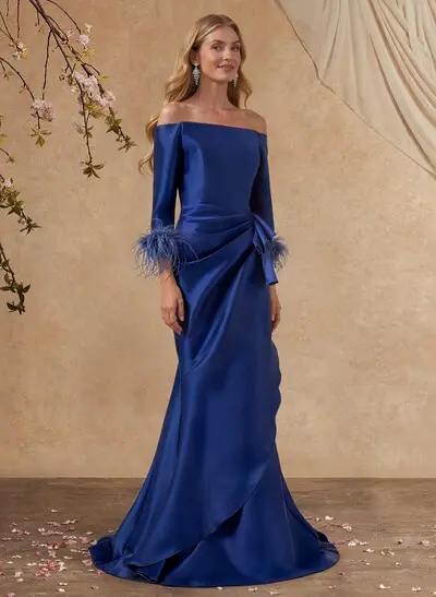 Trumpet/Mermaid Off-The-Shoulder 3/4 Sleeves Floor-Length Satin Mother Of The Bride Dresses