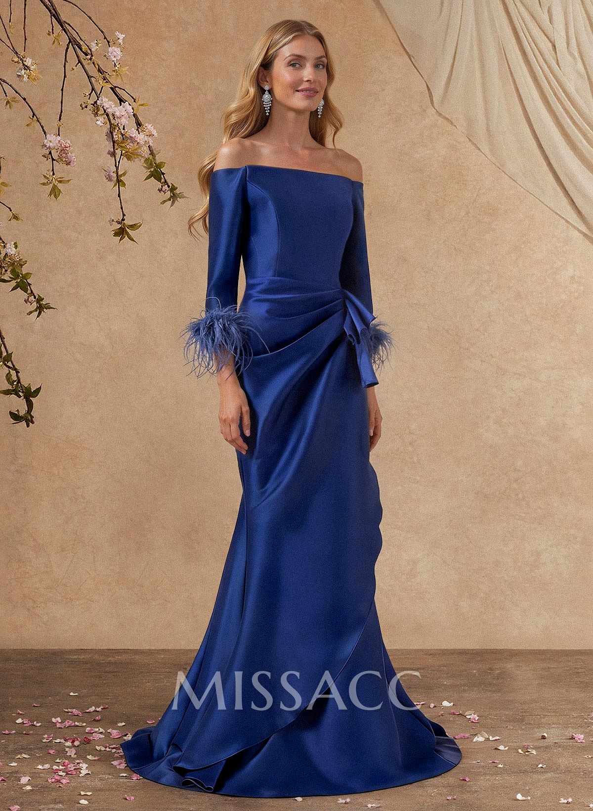 Trumpet/Mermaid Off-The-Shoulder 3/4 Sleeves Floor-Length Satin Mother Of The Bride Dresses