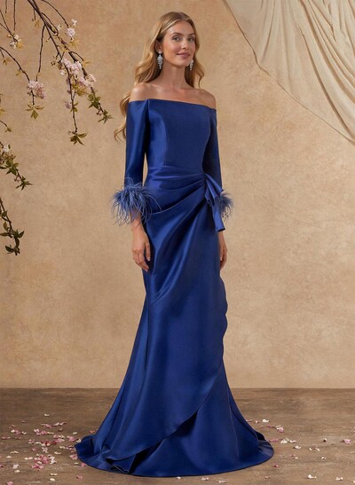 Trumpet/Mermaid Off-The-Shoulder 3/4 Sleeves Floor-Length Satin Mother Of The Bride Dresses