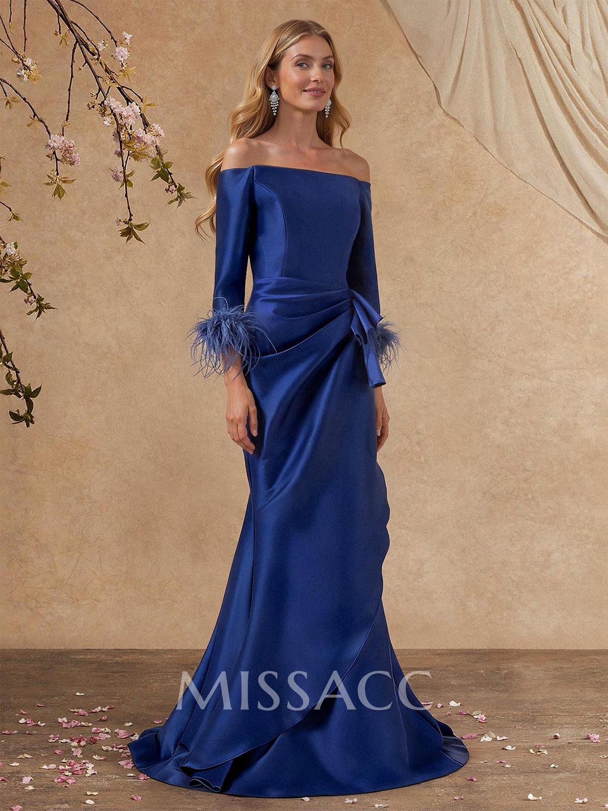Trumpet/Mermaid Off-The-Shoulder 3/4 Sleeves Floor-Length Satin Mother Of The Bride Dresses
