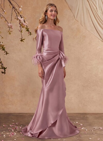 Trumpet/Mermaid Off-The-Shoulder 3/4 Sleeve Floor-Length Satin Mother Of The Bride Dresses