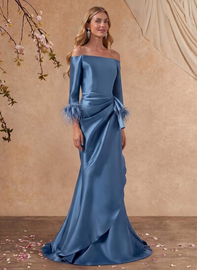 Trumpet/Mermaid Bardot 3/4 Sleeve Floor-Length Satin Mother Of The Bride Dresses