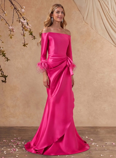 Trumpet/Mermaid Off-The-Shoulder 3/4 Sleeves Floor-Length Satin Mother Of The Bride Dresses