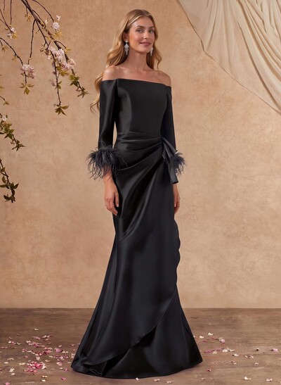 Trumpet/Mermaid Off-The-Shoulder 3/4 Sleeve Maxi Satin Mother Of The Bride Dresses