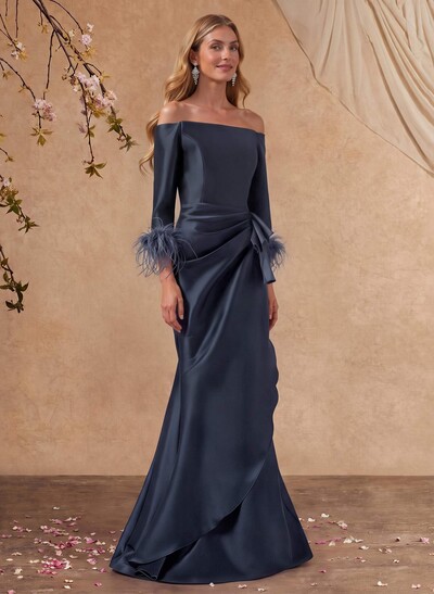 Trumpet/Mermaid Off-The-Shoulder 3/4 Sleeve Maxi Satin Mother Of The Bride Dresses
