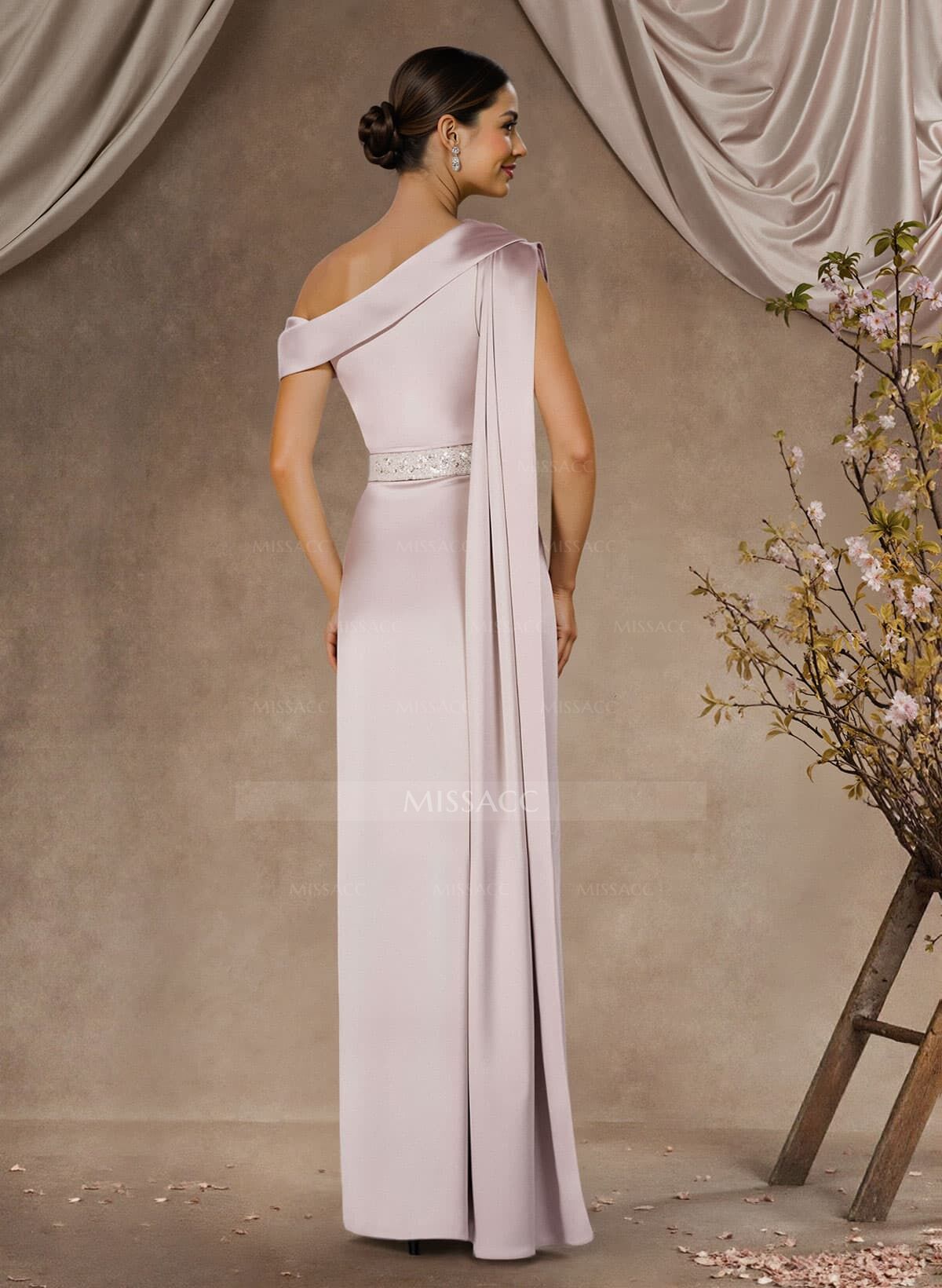 Sheath/Column Asymmetrical Sleeveless Floor-Length Crepe Satin Mother Of The Bride Dresses