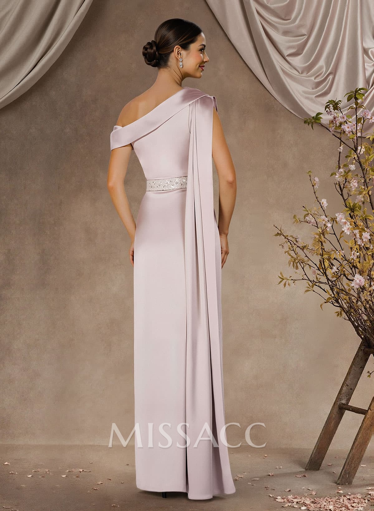 Sheath/Column Asymmetrical Sleeveless Floor-Length Crepe Satin Mother Of The Bride Dresses