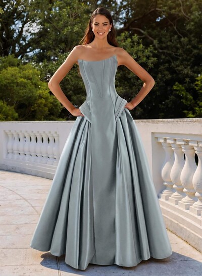 A-Line Strapless Sleeveless Floor-Length Satin Mother Of The Bride Dresses With Pleated