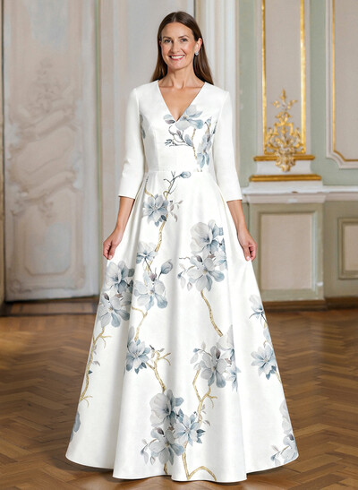 A-Line V-Neck 3/4 Sleeves Floor-Length Satin Mother Of The Bride Dresses