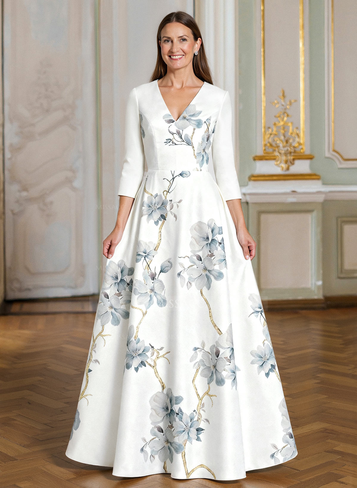 A-Line V-Neck 3/4 Sleeves Floor-Length Satin Mother Of The Bride Dresses