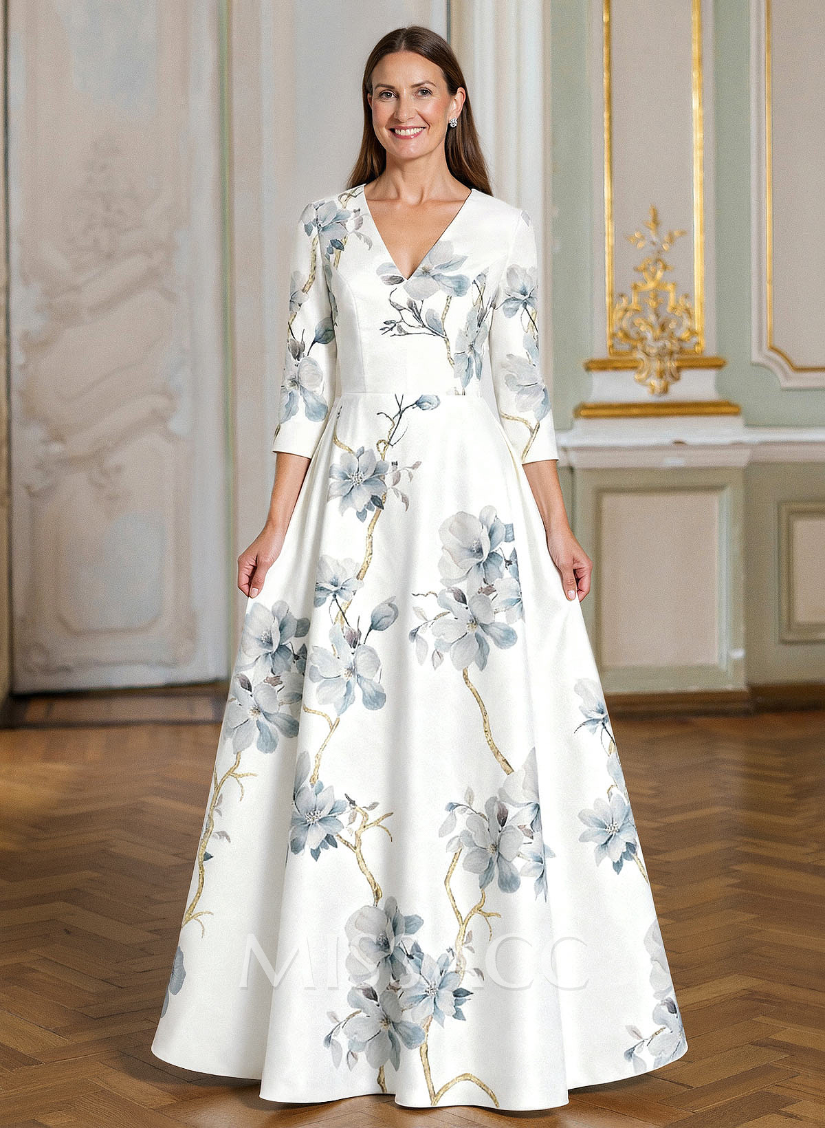 A-Line V-Neck 3/4 Sleeves Floor-Length Satin Mother Of The Bride Dresses With Floral-Print