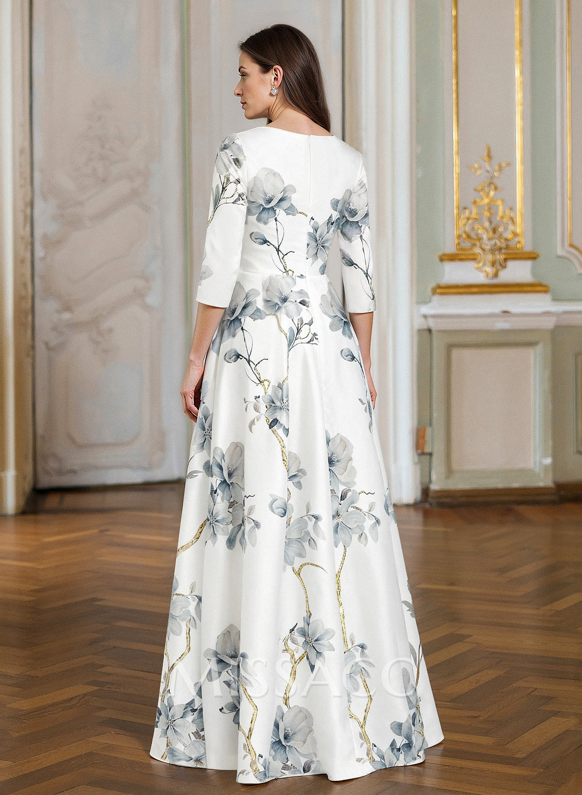 A-Line V-Neck 3/4 Sleeves Floor-Length Satin Mother Of The Bride Dresses With Floral-Print
