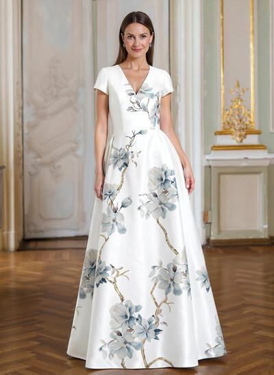 A-Line V-Neck Short Sleeves Floor-Length Satin Mother Of The Bride Dresses