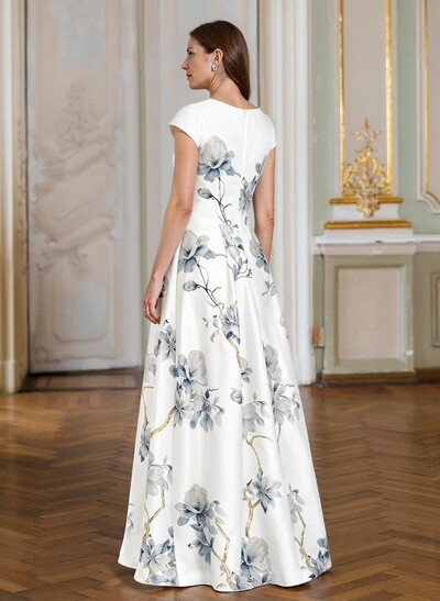 A-Line V-Neck Short Sleeves Floor-Length Satin Mother Of The Bride Dresses