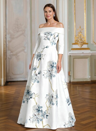 A-Line Off-The-Shoulder 3/4 Sleeves Floor-Length Satin Mother Of The Bride Dresses