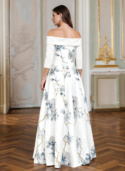 A-Line Off-The-Shoulder 3/4 Sleeves Floor-Length Satin Mother Of The Bride Dresses