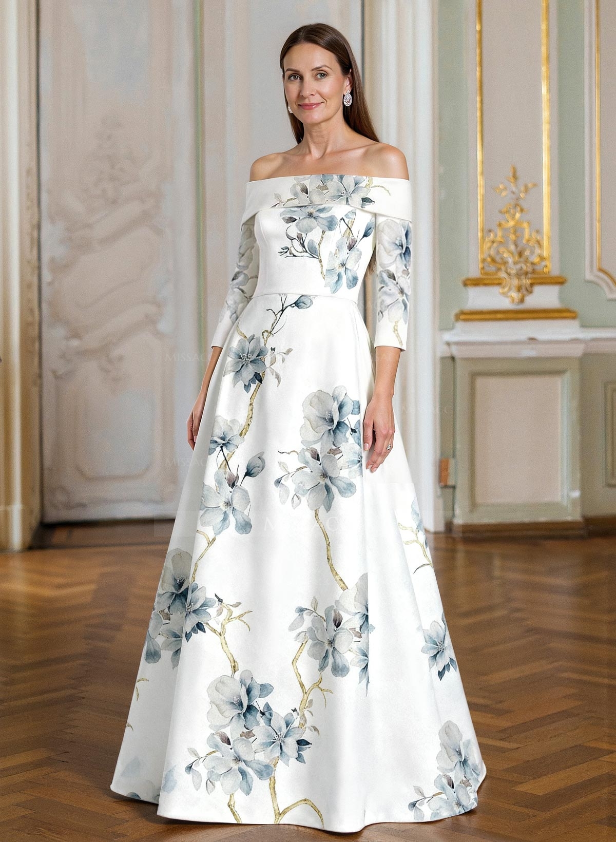 A-Line Off-The-Shoulder 3/4 Sleeves Floor-Length Satin Mother Of The Bride Dresses