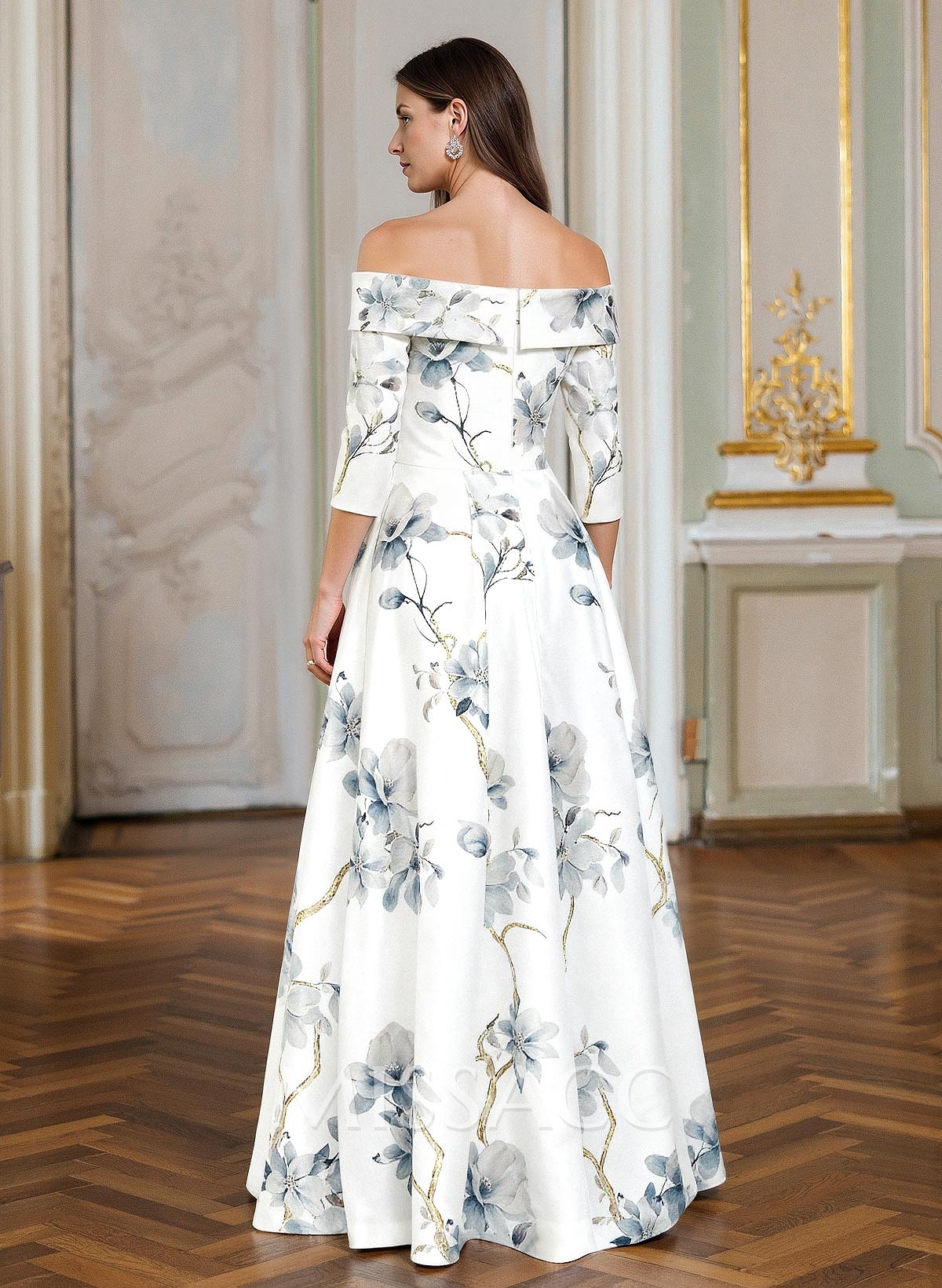 A-Line Off-The-Shoulder 3/4 Sleeves Floor-Length Satin Mother Of The Bride Dresses With Floral-Print