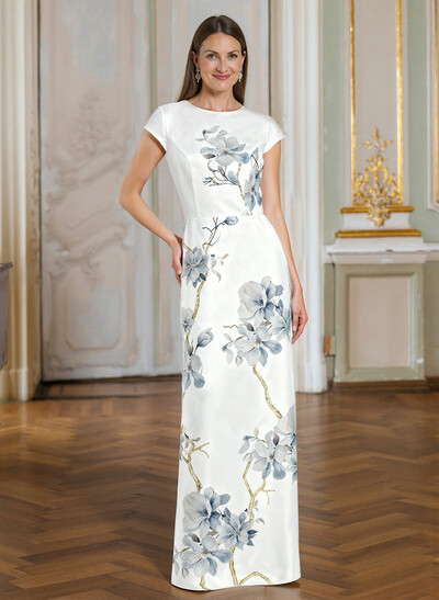 Sheath/Column Scoop Neck Cape Sleeves Floor-Length Satin Mother Of The Bride Dresses With Flower(s)