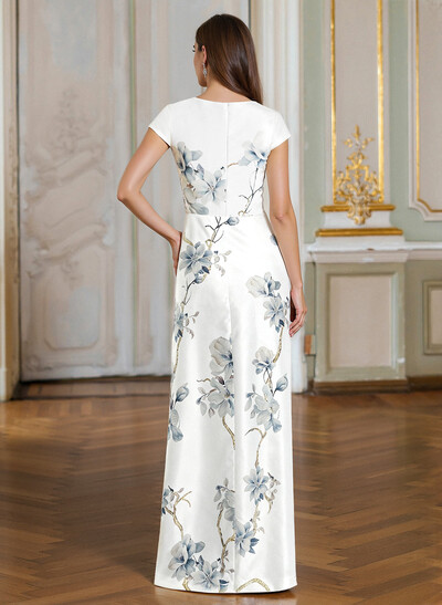 Sheath/Column Scoop Neck Cape Sleeves Floor-Length Satin Mother Of The Bride Dresses With Flower(s)