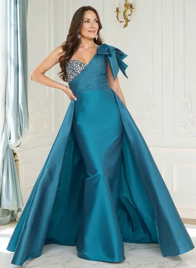 Sheath/Column One-Shoulder Floor-Length Satin/Taffeta Mother Of The Bride Dresses With Overskirt Dress