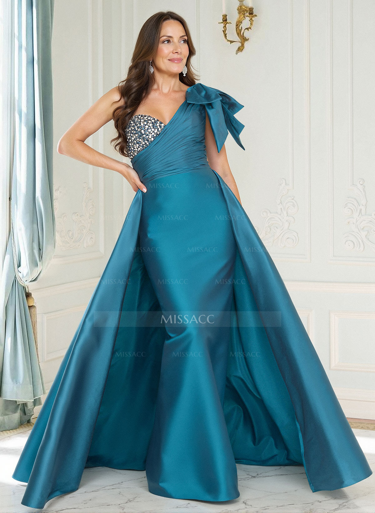 Sheath/Column One-Shoulder Floor-Length Satin/Taffeta Mother Of The Bride Dresses With Overskirt Dress