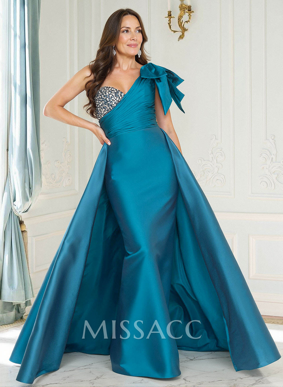 Sheath/Column One-Shoulder Floor-Length Satin Mother Of The Bride Dresses With Overskirt Dress