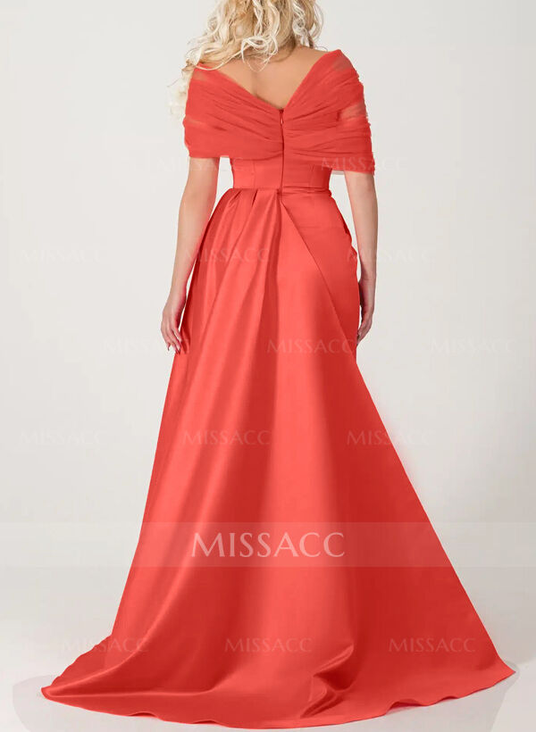 Trumpet/Mermaid Off-The-Shoulder Satin/Tulle Mother Of The Bride Dresses With Split Front