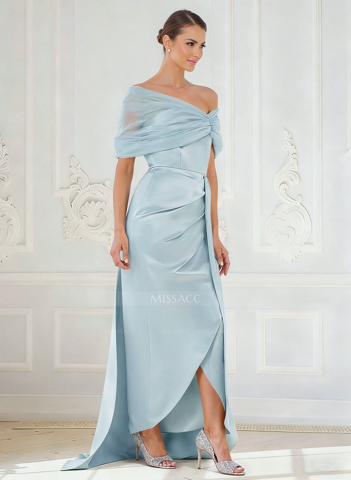 Trumpet/Mermaid Off-The-Shoulder Satin/Tulle Mother Of The Bride Dresses With Split Front