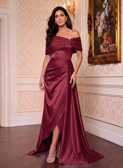 Trumpet/Mermaid Off-The-Shoulder Satin/Tulle Mother Of The Bride Dresses With Split Front