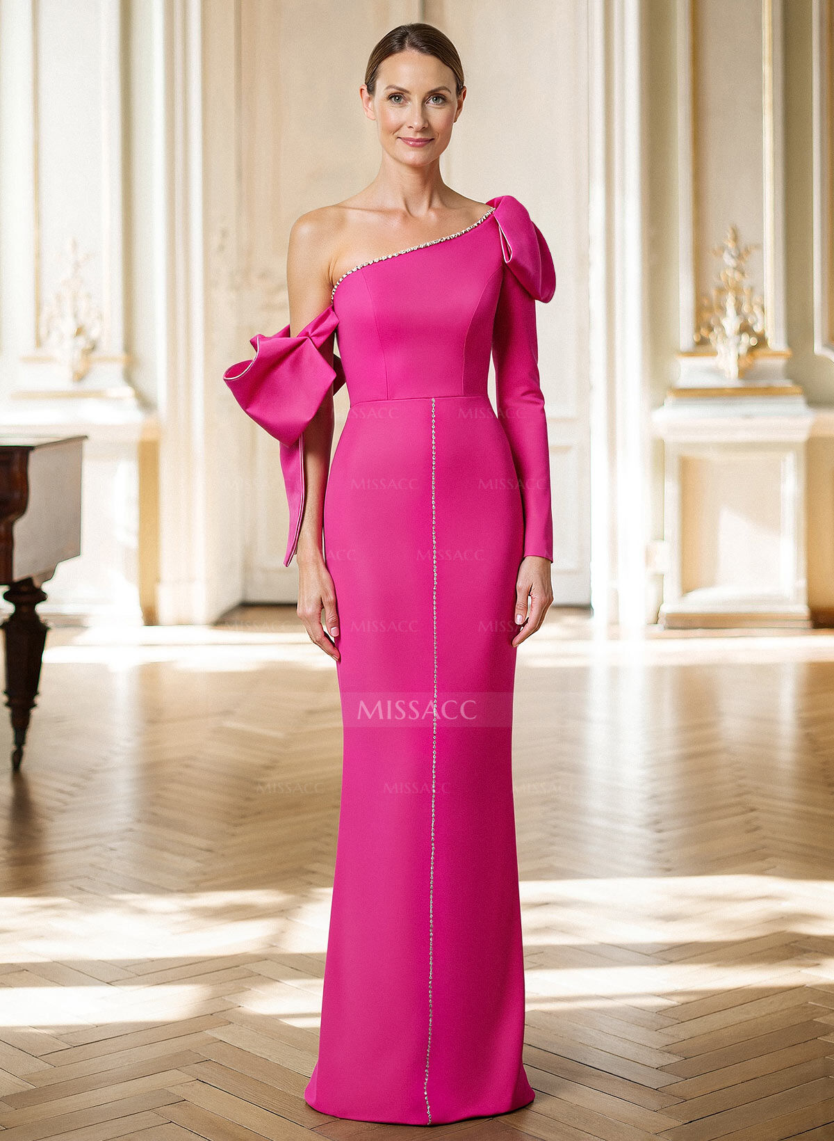 Sheath/Column One-Shoulder Long Sleeves Elastic Satin Mother Of The Bride Dresses With Back Slit