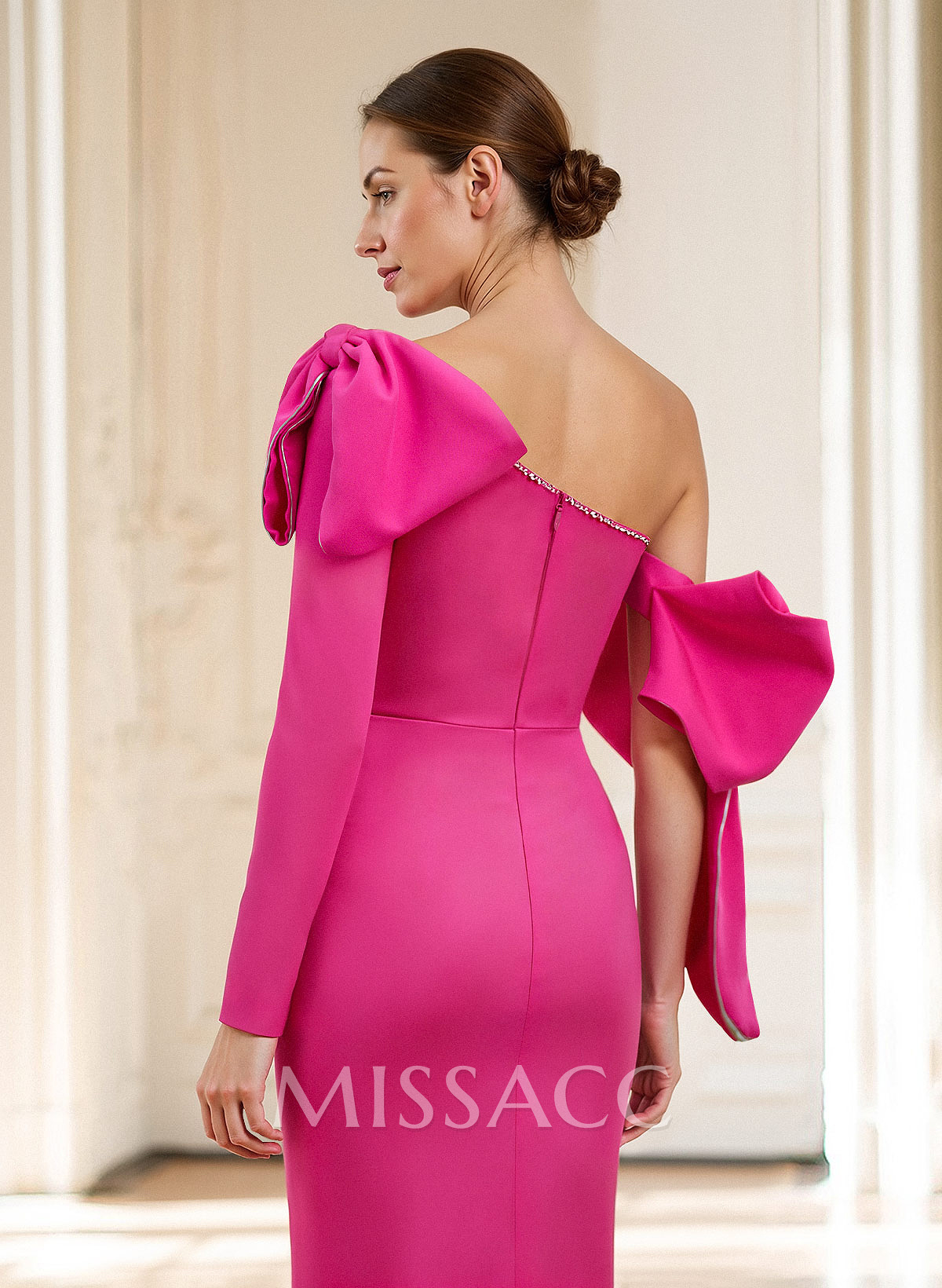 Sheath/Column One-Shoulder Long Sleeves Floor-Length Satin Mother Of The Bride Dresses With Bow(s)/Beading/Back Slit