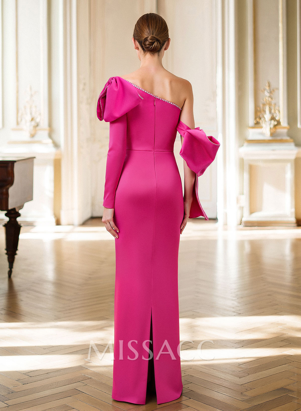 Sheath/Column One-Shoulder Long Sleeves Floor-Length Satin Mother Of The Bride Dresses With Bow(s)/Beading/Back Slit