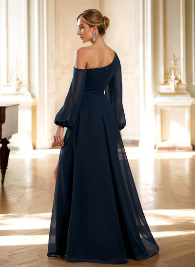 A-Line Asymmetrical Long Sleeves Floor-Length Chiffon Mother Of The Bride Dresses With High Split