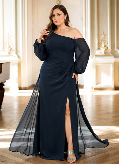 A-Line Asymmetrical Long Sleeves Floor-Length Chiffon Mother Of The Bride Dresses With High Split