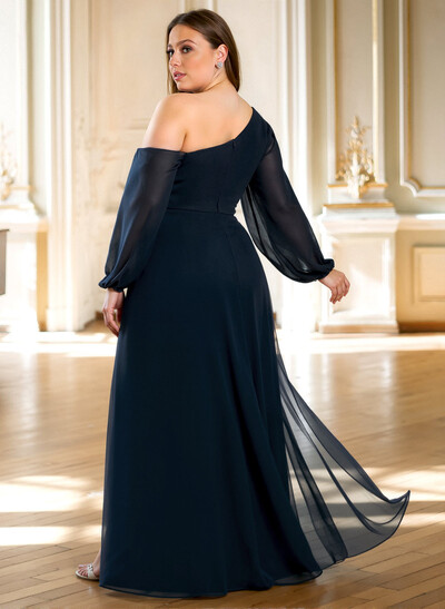 A-Line Asymmetrical Long Sleeves Floor-Length Chiffon Mother Of The Bride Dresses With High Split
