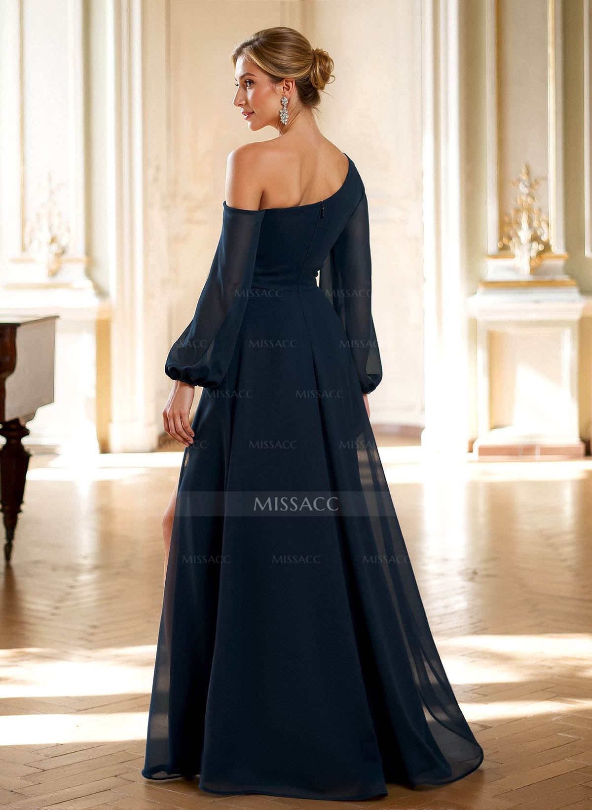 A-Line Asymmetrical Long Sleeves Floor-Length Chiffon Mother Of The Bride Dresses With High Split