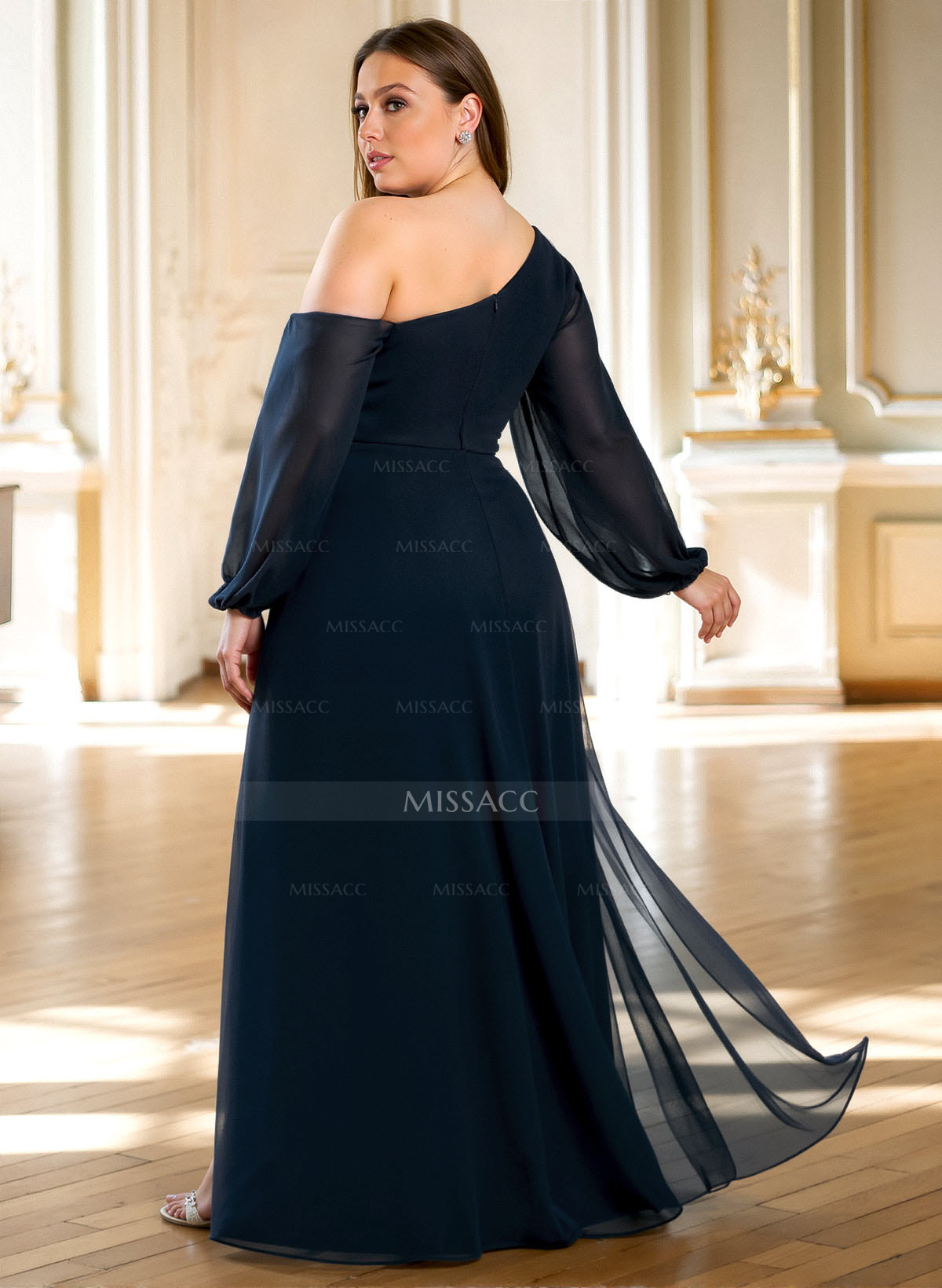 A-Line Asymmetrical Long Sleeves Floor-Length Chiffon Mother Of The Bride Dresses With High Split