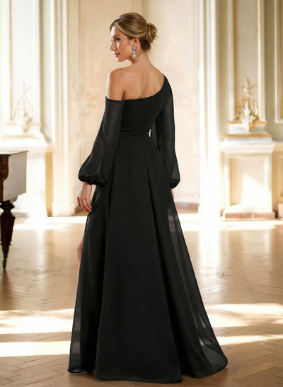 A-Line Asymmetrical Long Sleeves Floor-Length Chiffon Mother Of The Bride Dresses With High Split