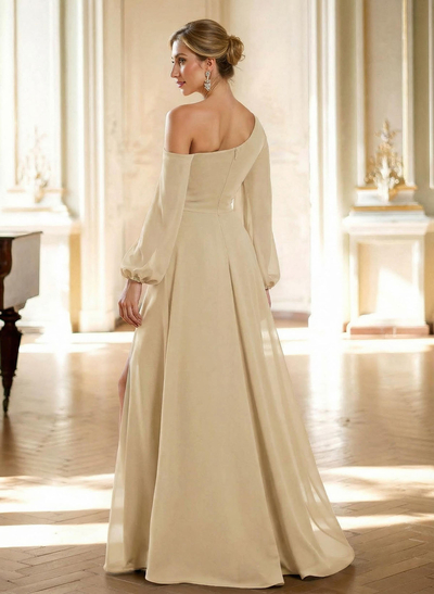 A-Line Asymmetrical Long Sleeves Floor-Length Chiffon Mother Of The Bride Dresses With High Split