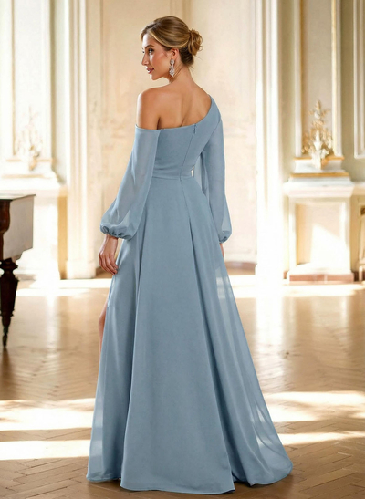 A-Line Asymmetrical Long Sleeves Floor-Length Chiffon Mother Of The Bride Dresses With High Split