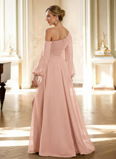 A-Line Asymmetrical Long Sleeves Floor-Length Chiffon Mother Of The Bride Dresses With High Split