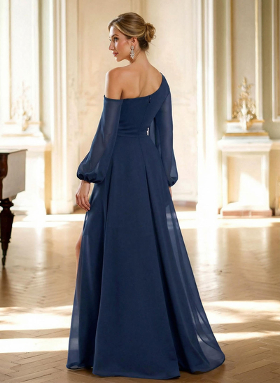 A-Line Asymmetrical Long Sleeves Floor-Length Chiffon Mother Of The Bride Dresses With High Split
