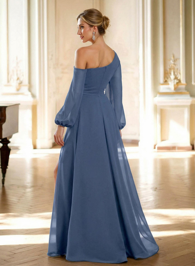 A-Line Asymmetrical Long Sleeves Floor-Length Chiffon Mother Of The Bride Dresses With High Split