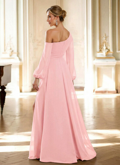 A-Line Asymmetrical Long Sleeves Floor-Length Chiffon Mother Of The Bride Dresses With High Split