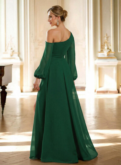 A-Line Asymmetrical Long Sleeves Floor-Length Chiffon Mother Of The Bride Dresses With High Split