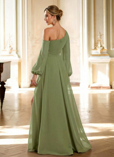 A-Line Asymmetrical Long Sleeves Floor-Length Chiffon Evening Dresses With High Split