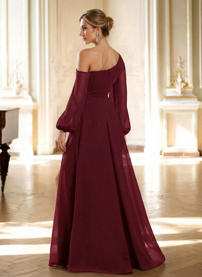 A-Line Asymmetrical Long Sleeves Floor-Length Chiffon Evening Dresses With High Split